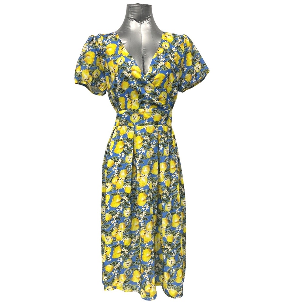 Timeless‎ London Lemon Midi Dress Short Sleeve Fruit Print Women 12 Pin Up Retro